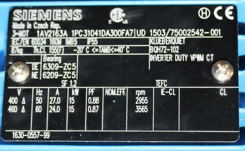 SIEMENS ELECTRIC MOTOR 15kW 400/460V 50/60Hz