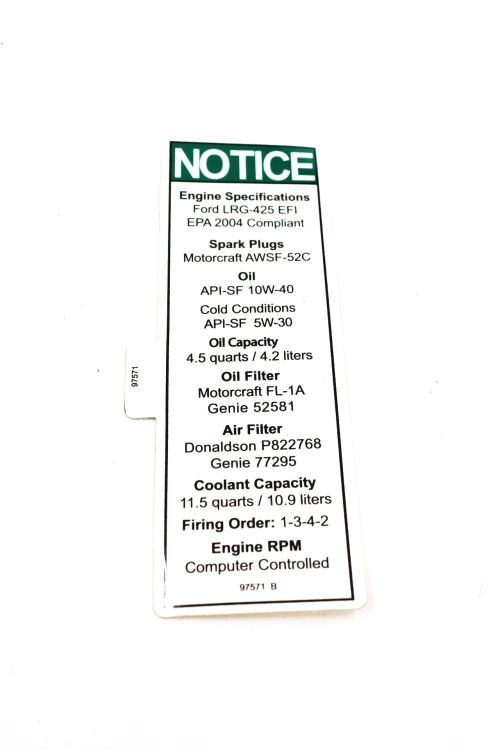 JLG DECAL - NOTICE - FORD ENGINE SPEC